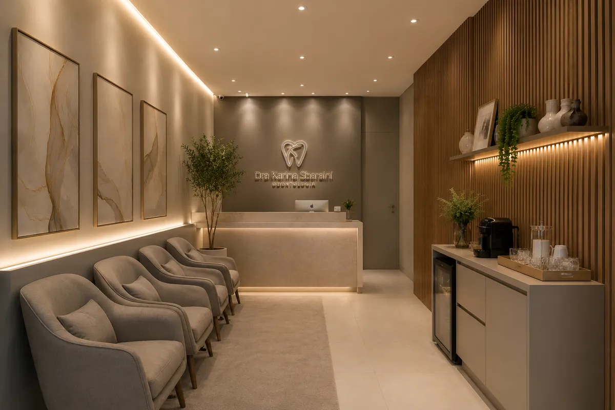 Recepção e sala de espera da clínica Dra. Karina Sbaraini